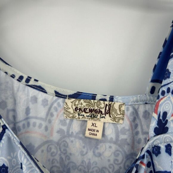 One World Boho Top Blue Mixed Pattern One Cold Shoulder Stretch Whimsy Size XL - Picture 8 of 9